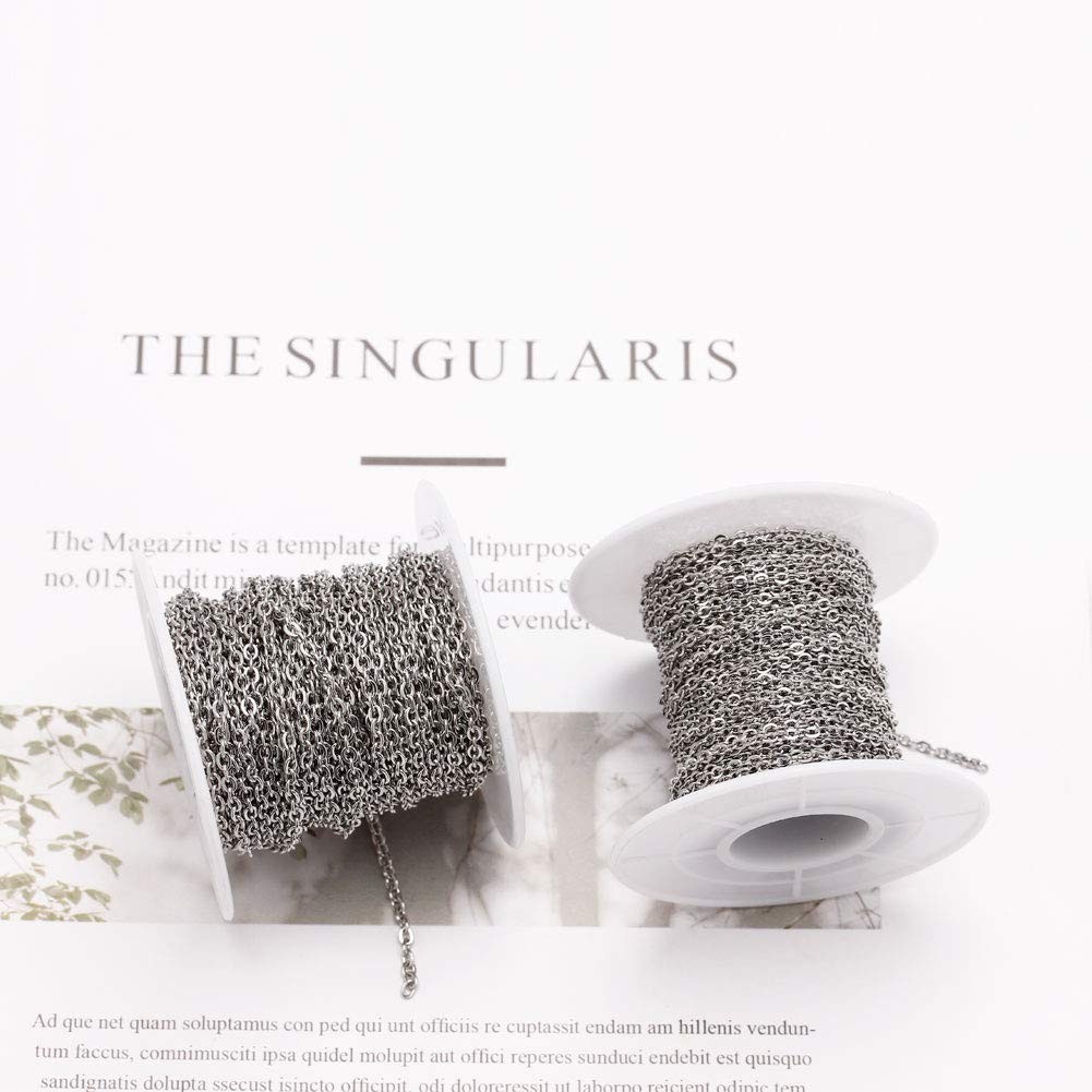 33 Feet Stainless Steel Flat Chain Width 1.0mm+20pcs Clasps+50 Rings, Silver