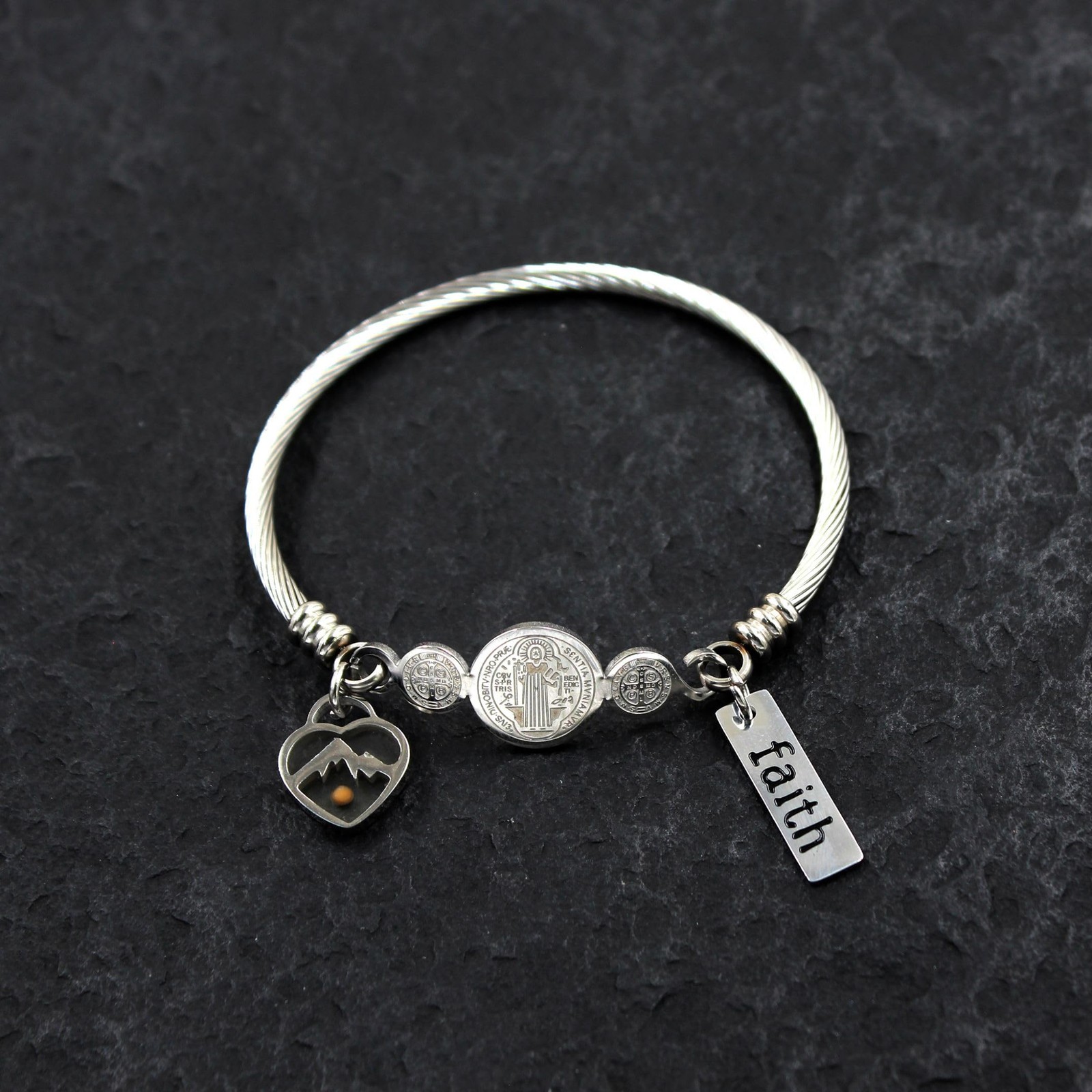 Platinum Plated Twisted Rope Saint Benedict Medal Bangle Bracelets for Wome – 01