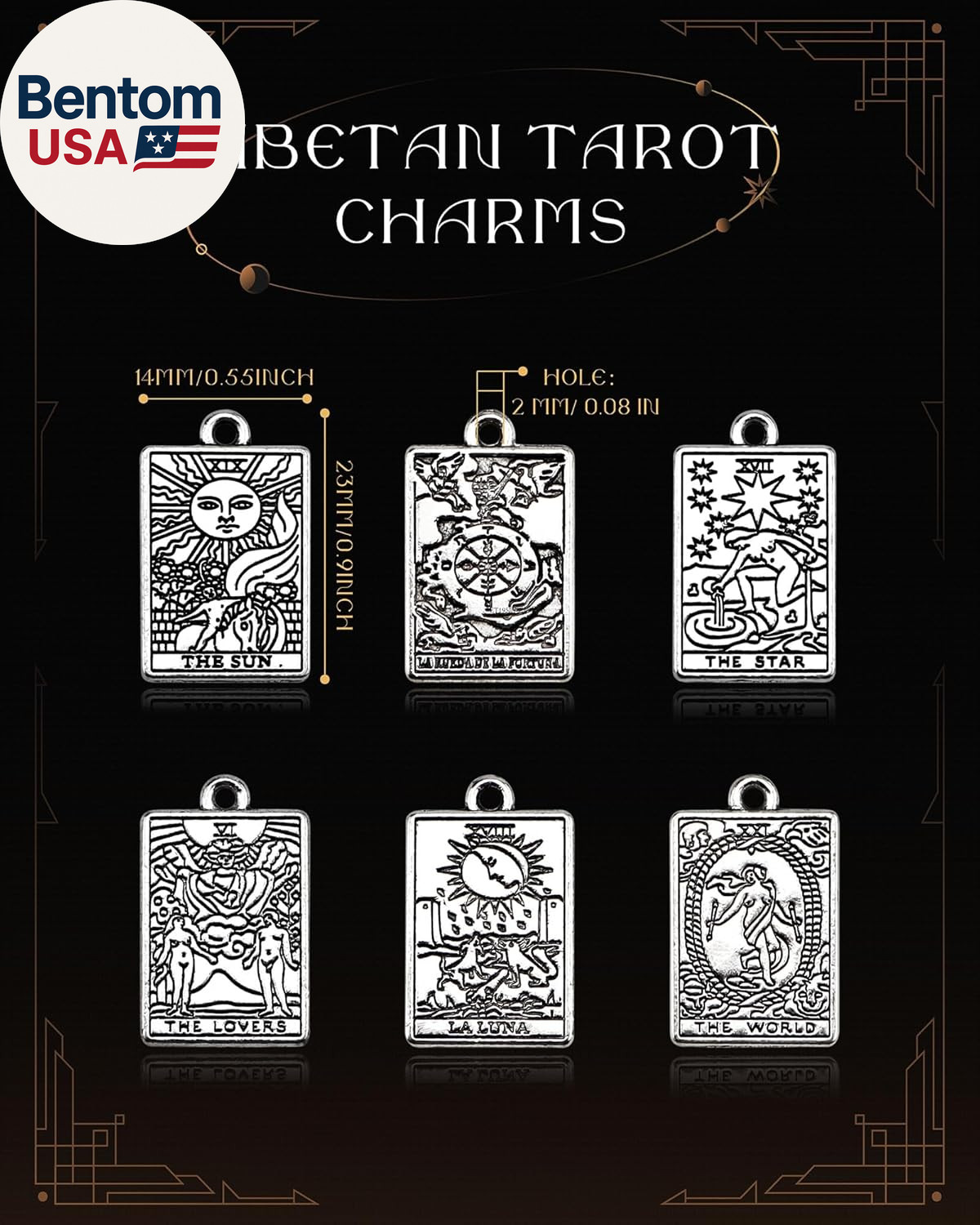 60 Pcs 6 Styles Tibetan Tarot Charms, Rectangle Amulet Sun Charms, Vintage Magic