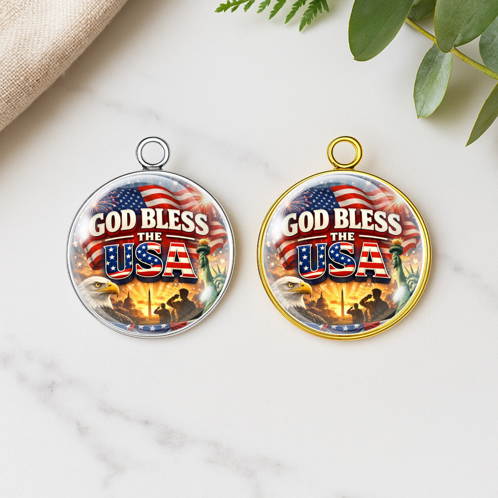 God Bless the USA Glass Cabochon Charm – Patriotic American Eagle & Flag Design