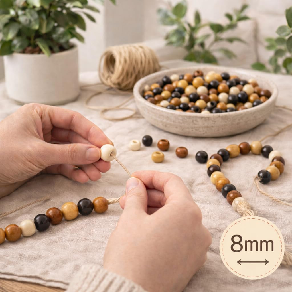 1000pcs 8mm Wooden Beads for Crafts, Large Hole Wood Beads Bulk, Natural Round
