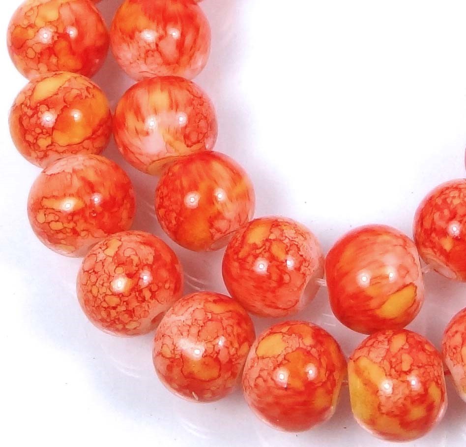 8mm Baking Varnish Glass Spider Web Round Beads – Orange w/ Yellow 15.5″