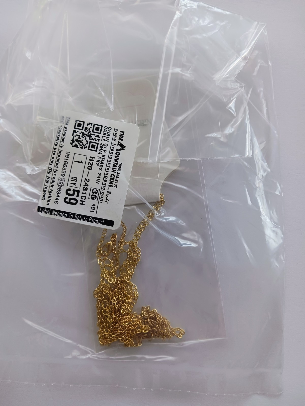 Fire Mountain Gems – 2 Chains, gold-finished brass, 2mm cable, 24 inches – NEW