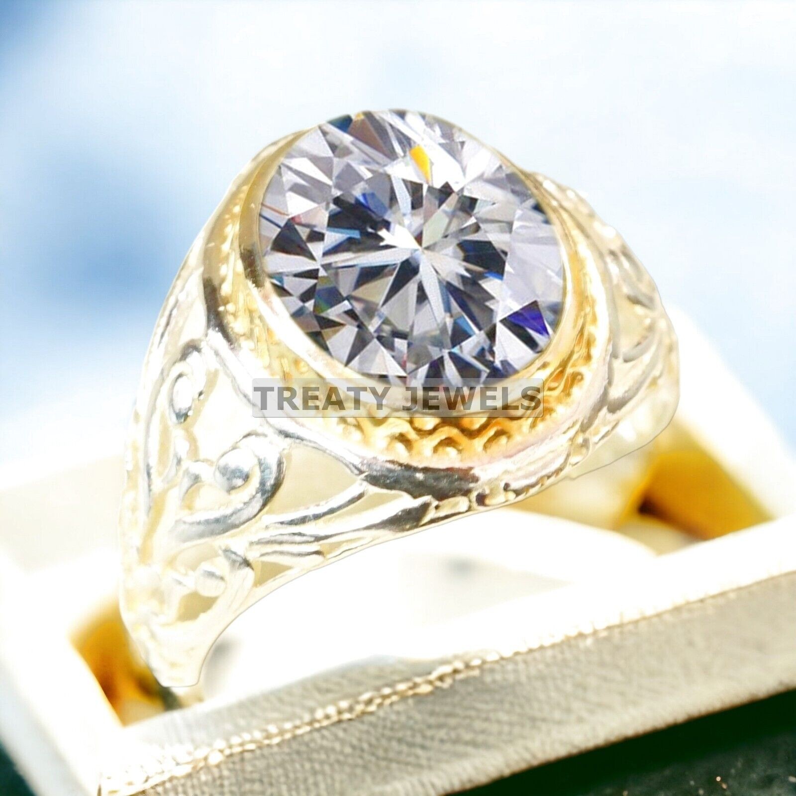 Moissanite Oval Cut With 925 Sterling Silver Gold Plated Ring For Men’s #A405 #