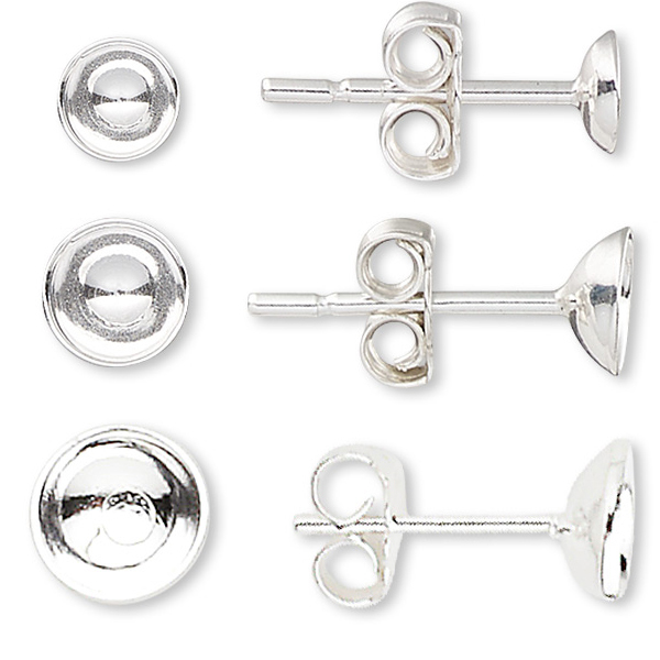 10 Sterling Silver Stud Post Earring Findings w/ Round Cup for Beads & Cabochons