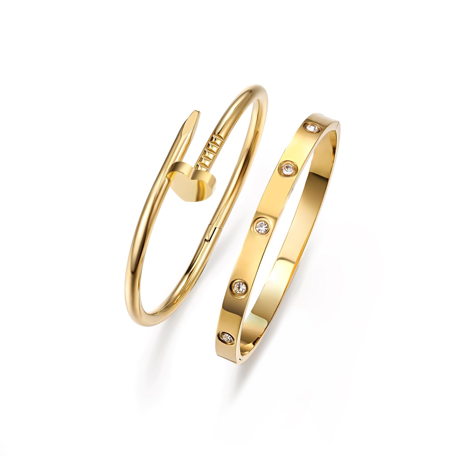 18K Gold Plated Love Nail Bangle Bracelet Set Stackable Dupes Stainless Steel Ba