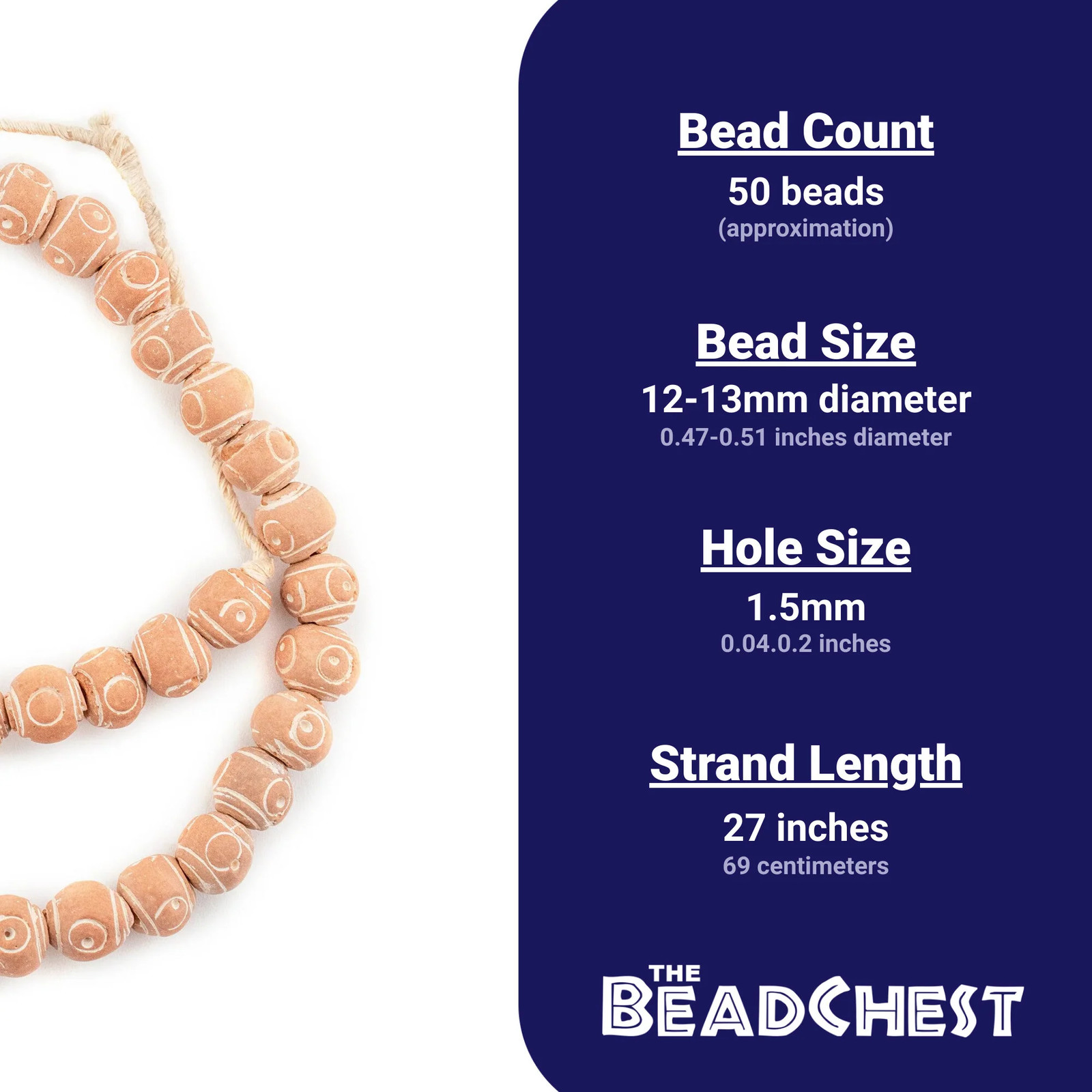 Natural Terracotta Mali Clay Beads 12mm African Brown Round 27 Inch Strand