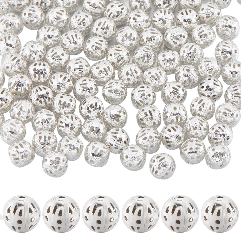 SUNNYCLUE 1 Box 120Pcs Silver Round Hollow Bead Brass Filigree Beads Bulk Met…