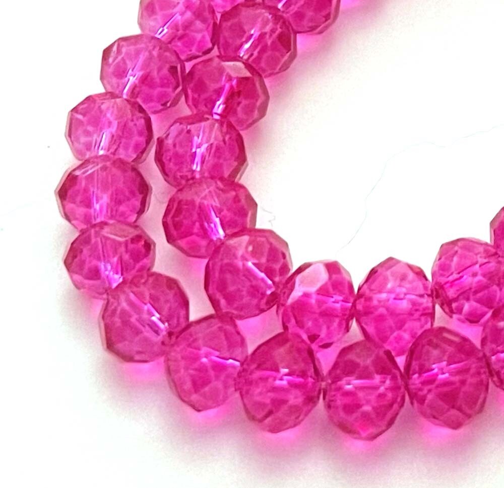 25 Firepolish Glass Faceted Rondelle Crystal Beads – Hot Pink / Magenta 8x5mm