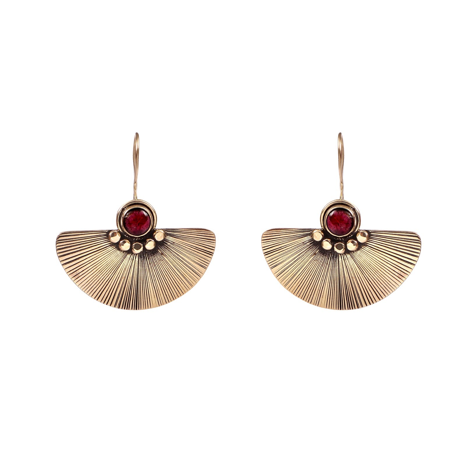 Vintage Fan Drop Earrings, Red Garnet Gemstone, Handmade Brass Dangle Earrings.