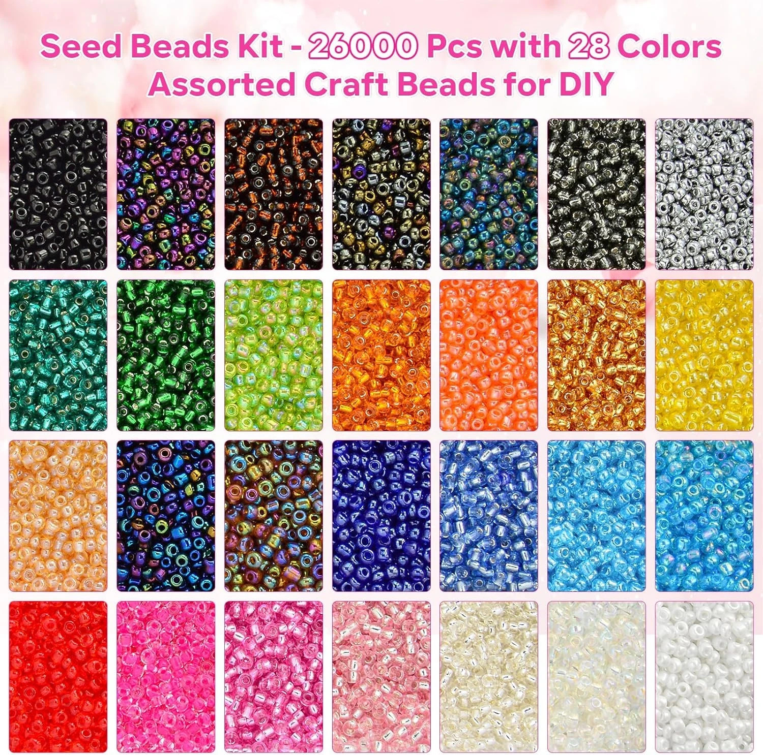 26000PCS 2Mm Glass Seed Beads Kit – 28 Assorted Colors Small Beads Set for Jewel