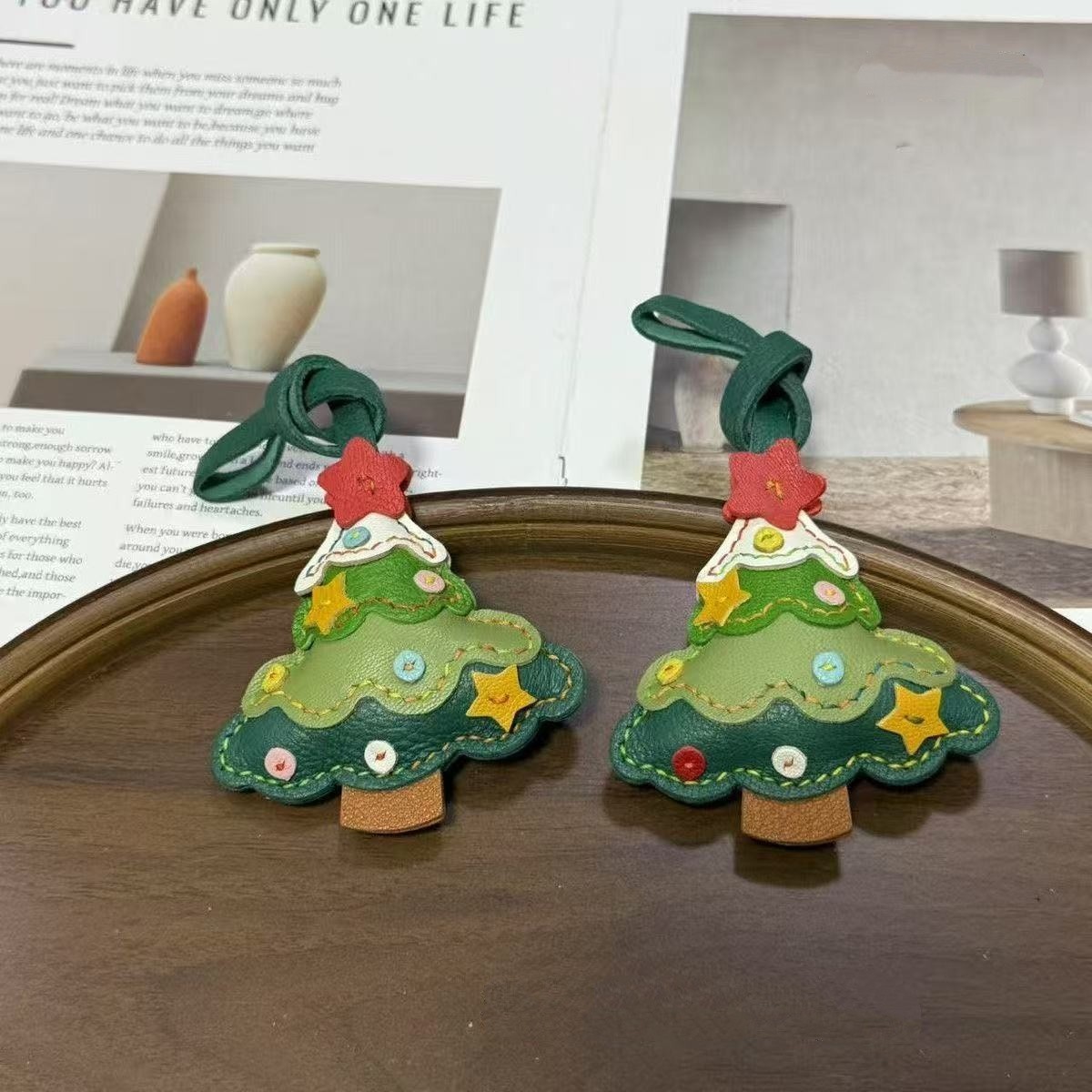 Handmade Christmas Tree Double Sided Leather Bag Charm Car Keychain Pendant Gift