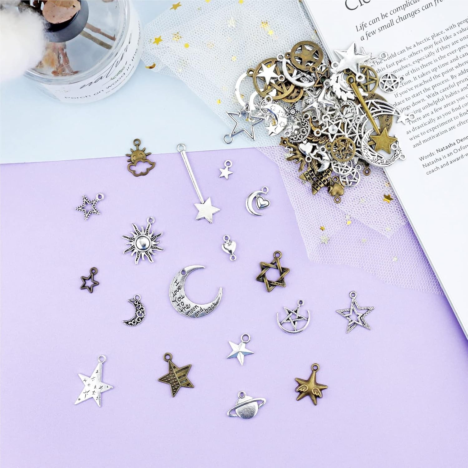 Celestial Mixed Sun Moon Star Charms, Wholesale Bulk Lots Antique Alloy Charms P