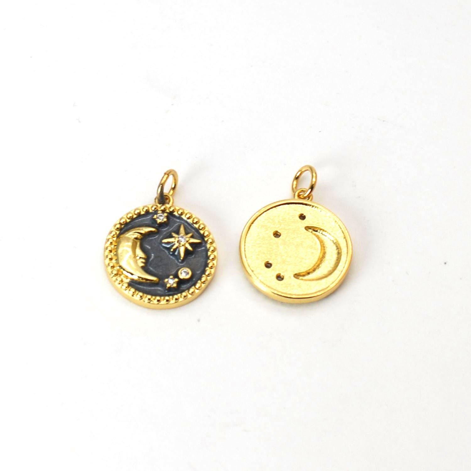 1Piece 18K Gold Plated Brass Star, Crescent Moon Enamel Charm Pendant GADW89