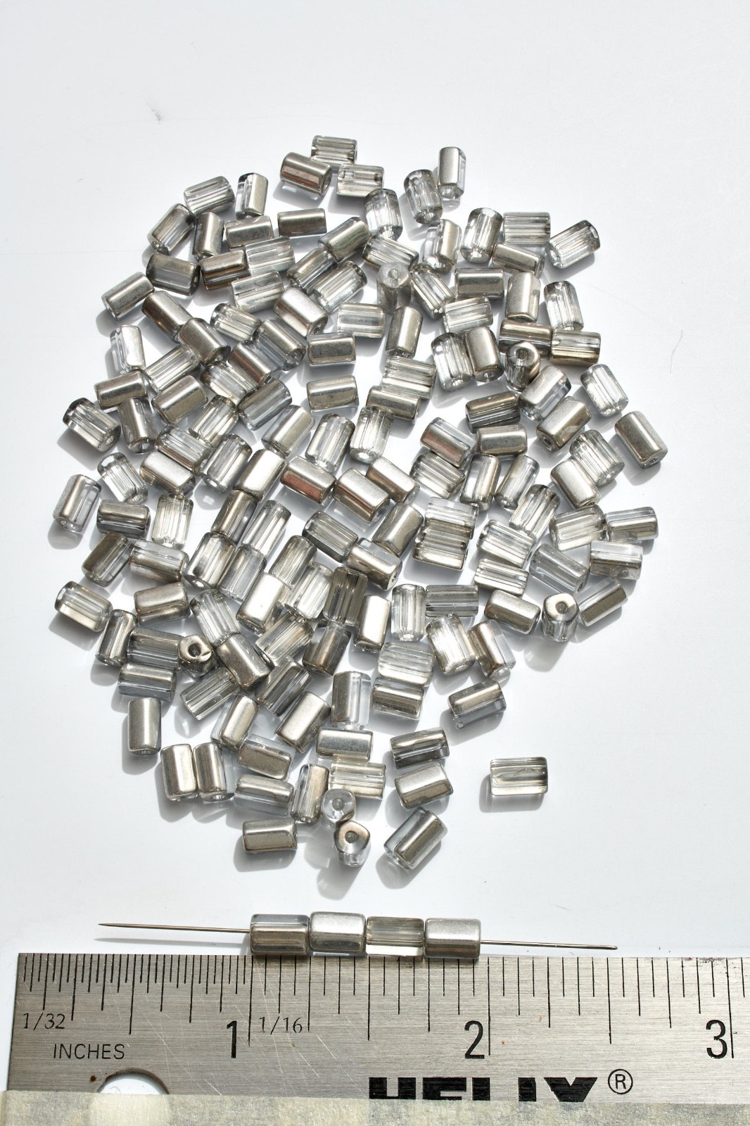 600pc 6x4mm vintage CZECH GLASS BEADS tubes CRYSTAL HALF SILVER 1/2 mass NOS
