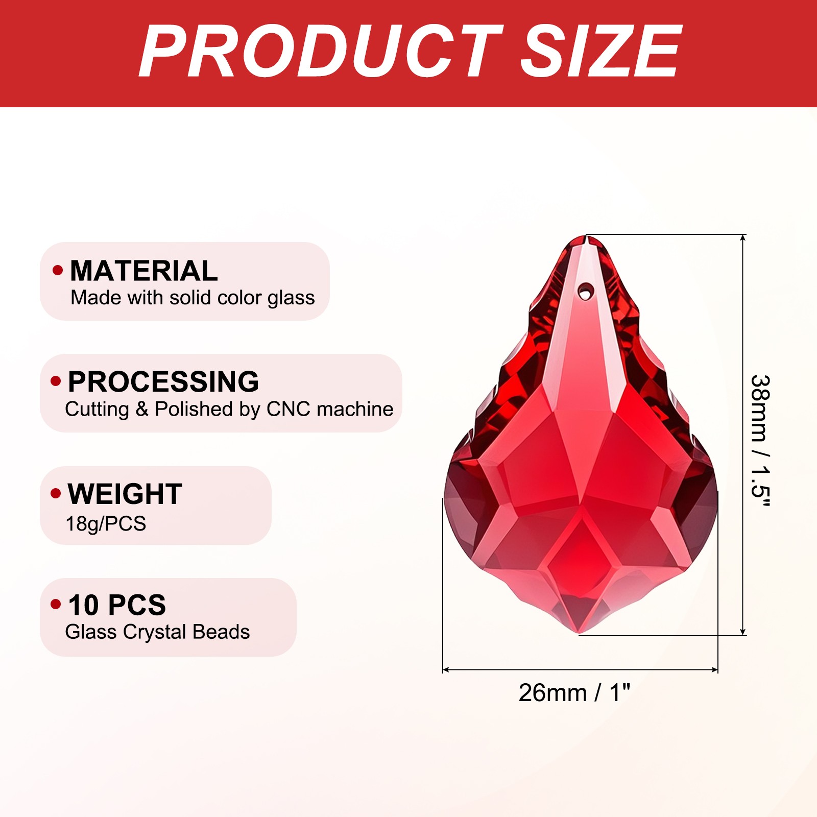 K9 Crystal Teardrop Beads, 10 Pack 38mm Chandelier Prisms Leaf Red