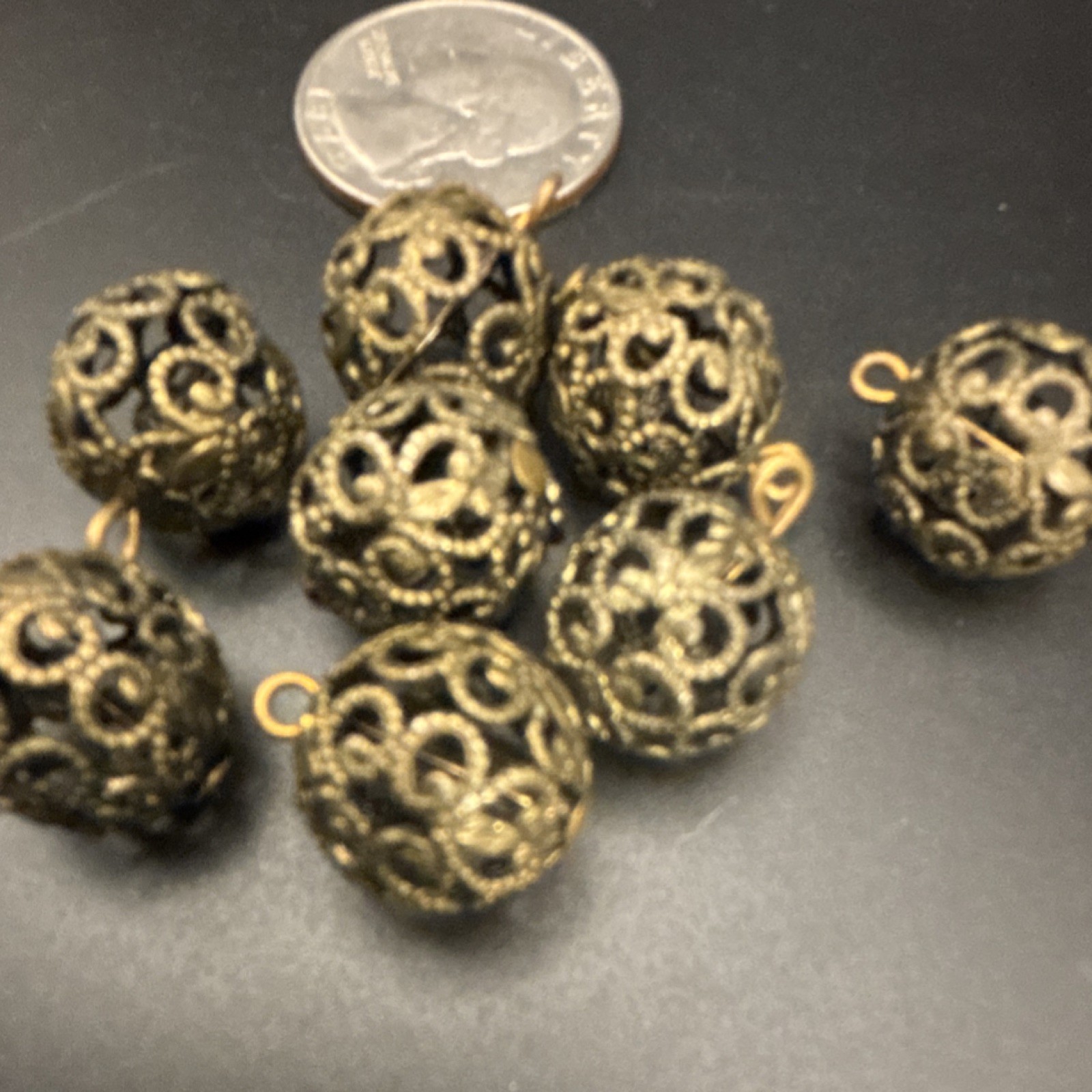 Antiqued Metal Round Filigree Beads Gold Black 10mm Lot of 8