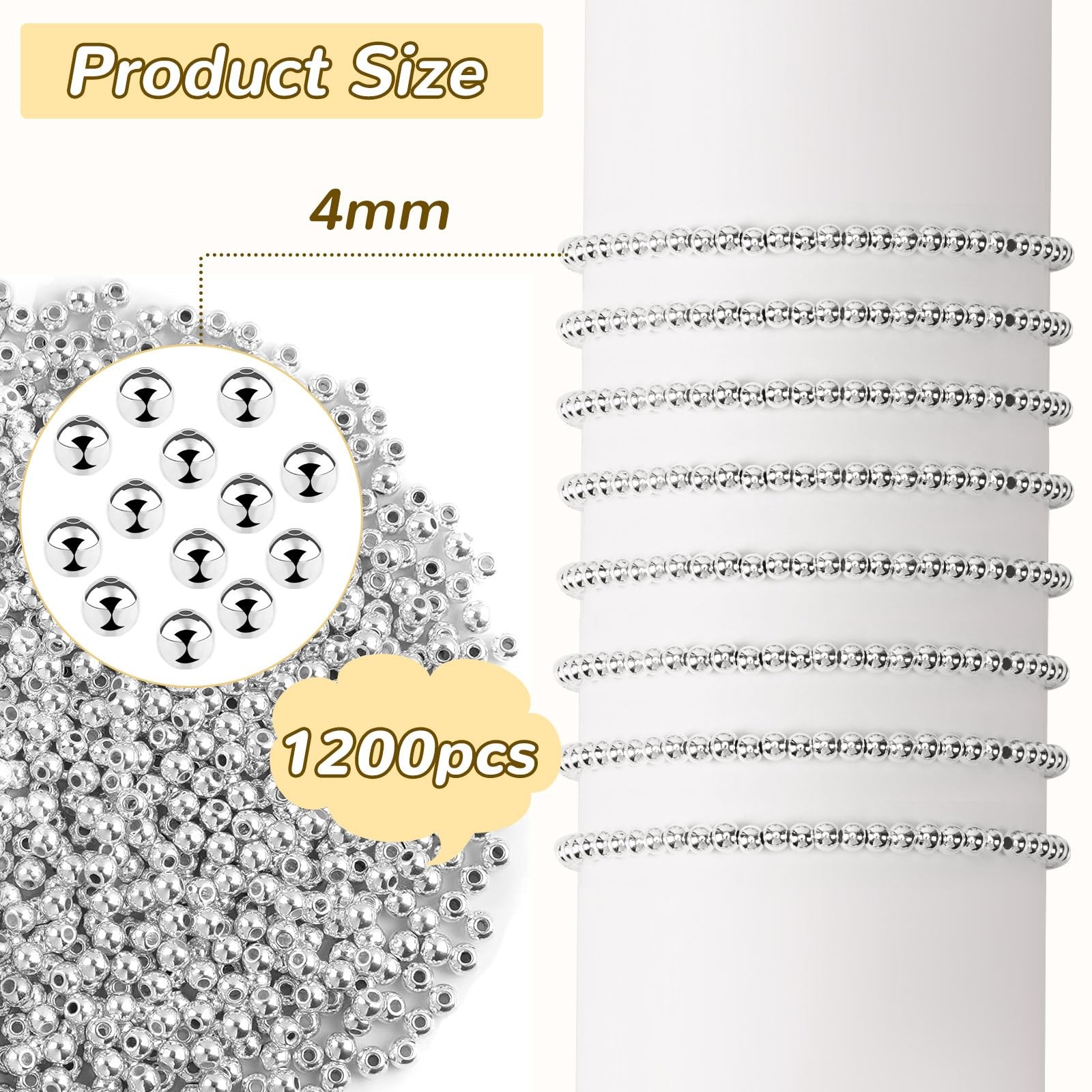 DECYOOL Small Silver Spacer Beads – 1200pcs, 4mm Smooth Round 4mm,