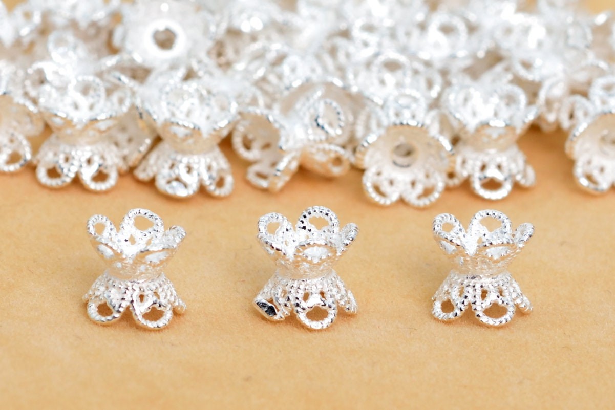 5 Pcs Sterling Silver Spacer Beads Floral 7x6MM Solid Silver For Jewelry making