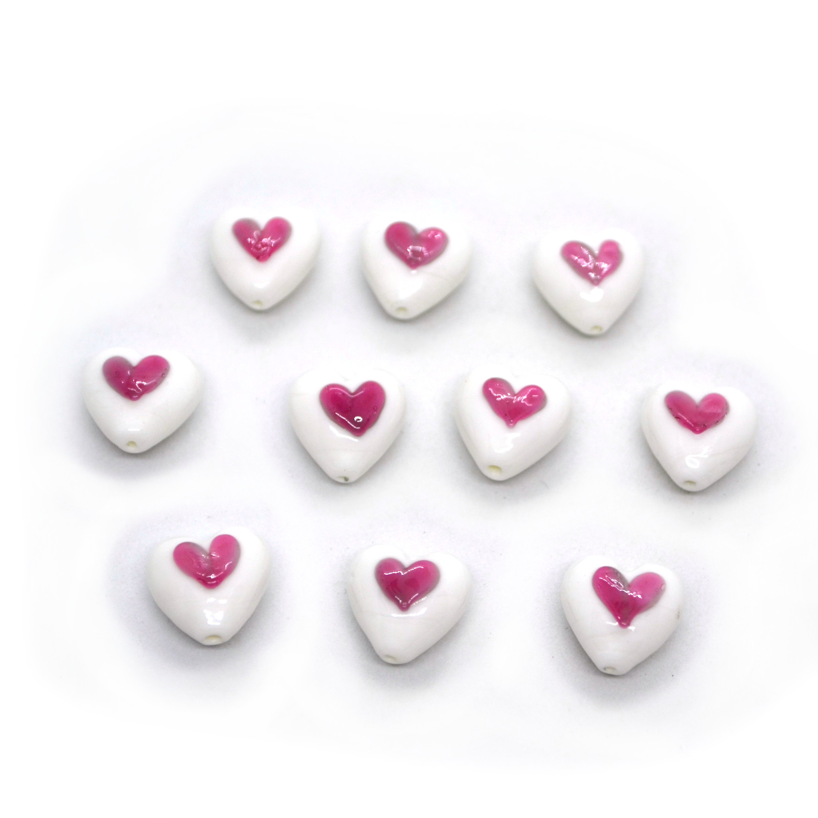(10 pcs) White/Pink Heart – Lampwork Beads, Approx 15x15mm