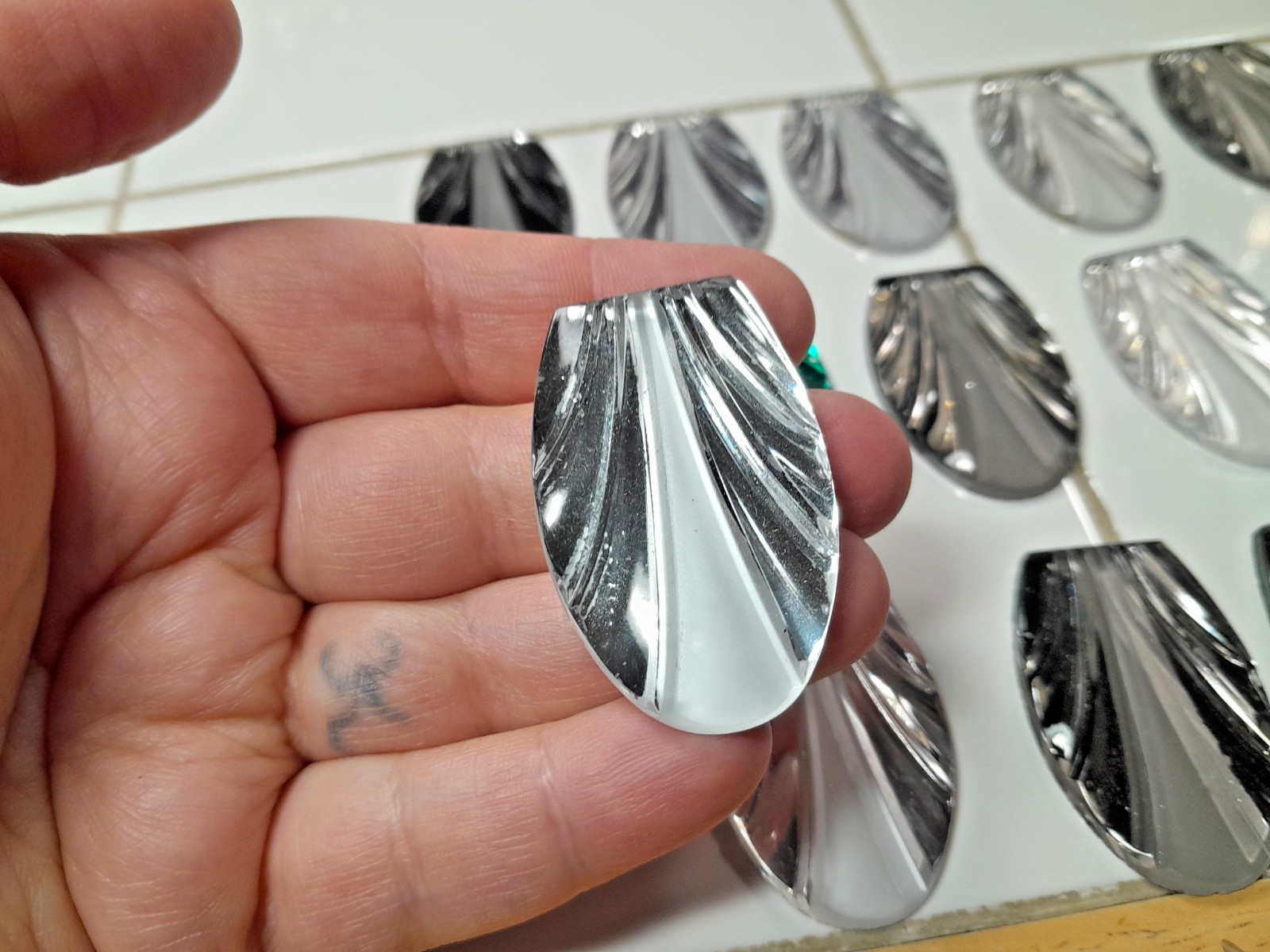 Vintage Cast Glass Cabochon LOT Art Deco 21 pieces Gray Green Clear Crystal