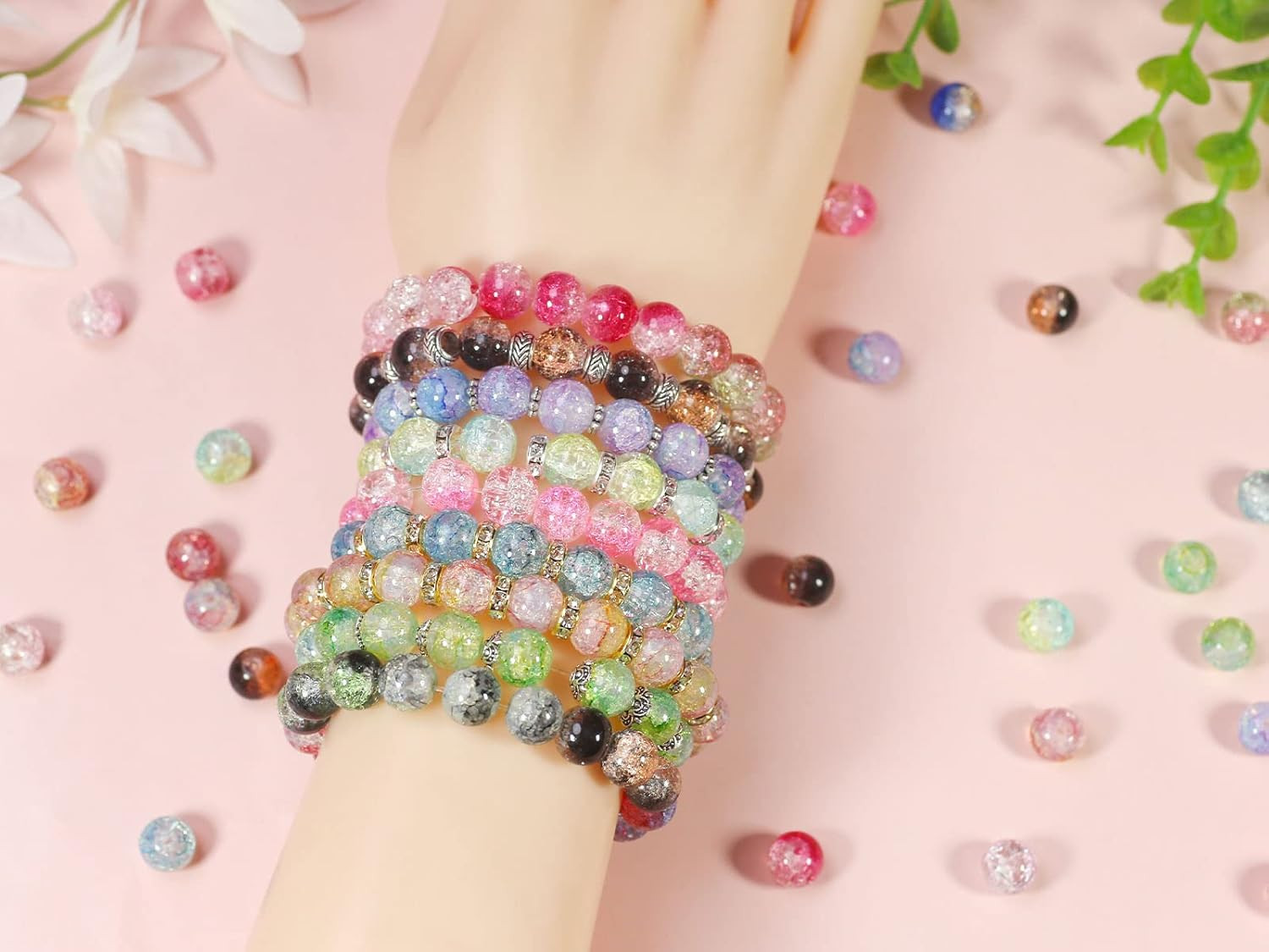 10Mm Crackle Glass Beads for Jewelry Making 600Pcs Assorted Panited Handcrafted