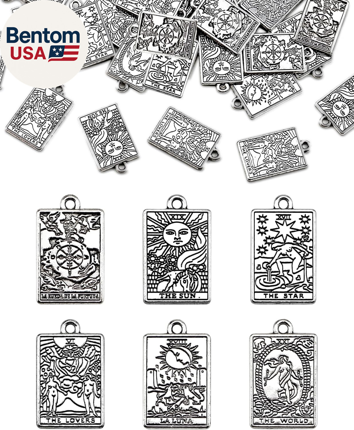 60 Pcs 6 Styles Tibetan Tarot Charms, Rectangle Amulet Sun Charms, Vintage Magic