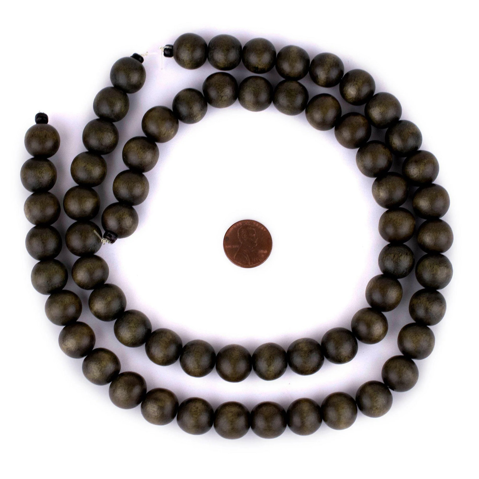 Olive Green Round Natural Wood Beads 14mm Large Hole 16 Inch Strand