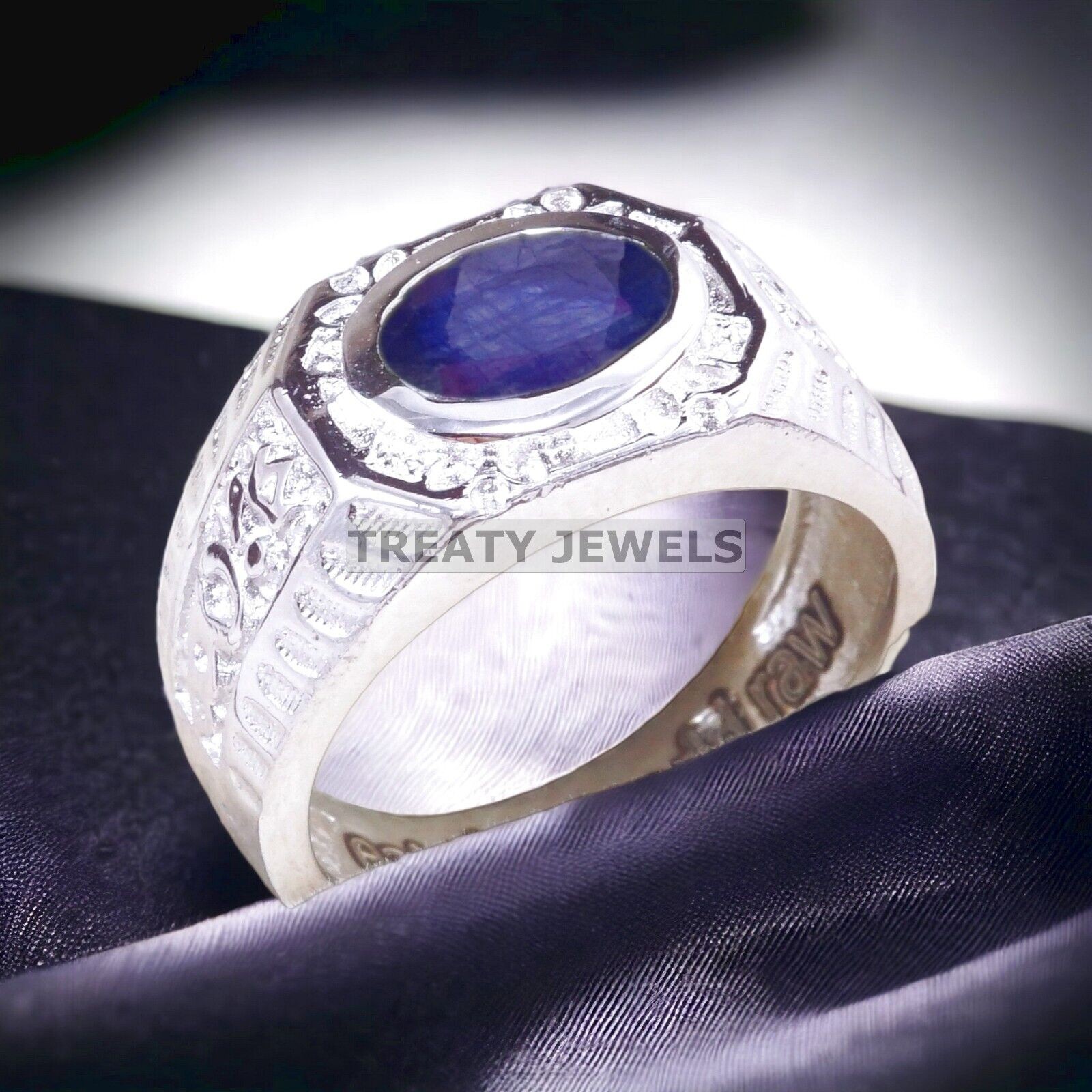 Blue Sapphire Oval Cut Gemstone With Solid 14K White Gold Ring For Men’s #A228 #