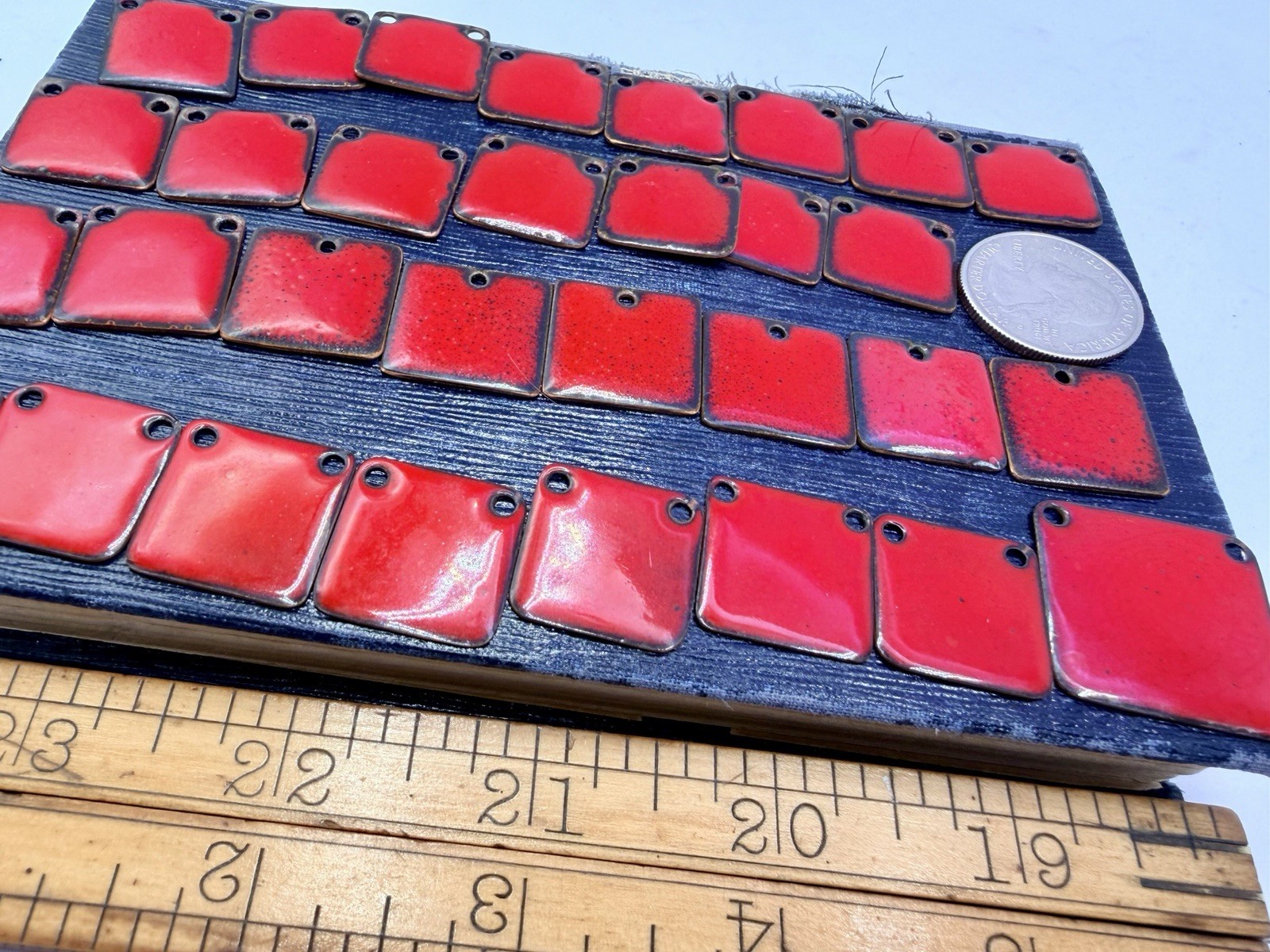 31 Pcs Vintage Square Copper Red Enamel Glossy Handmade Pendants Craft Findings