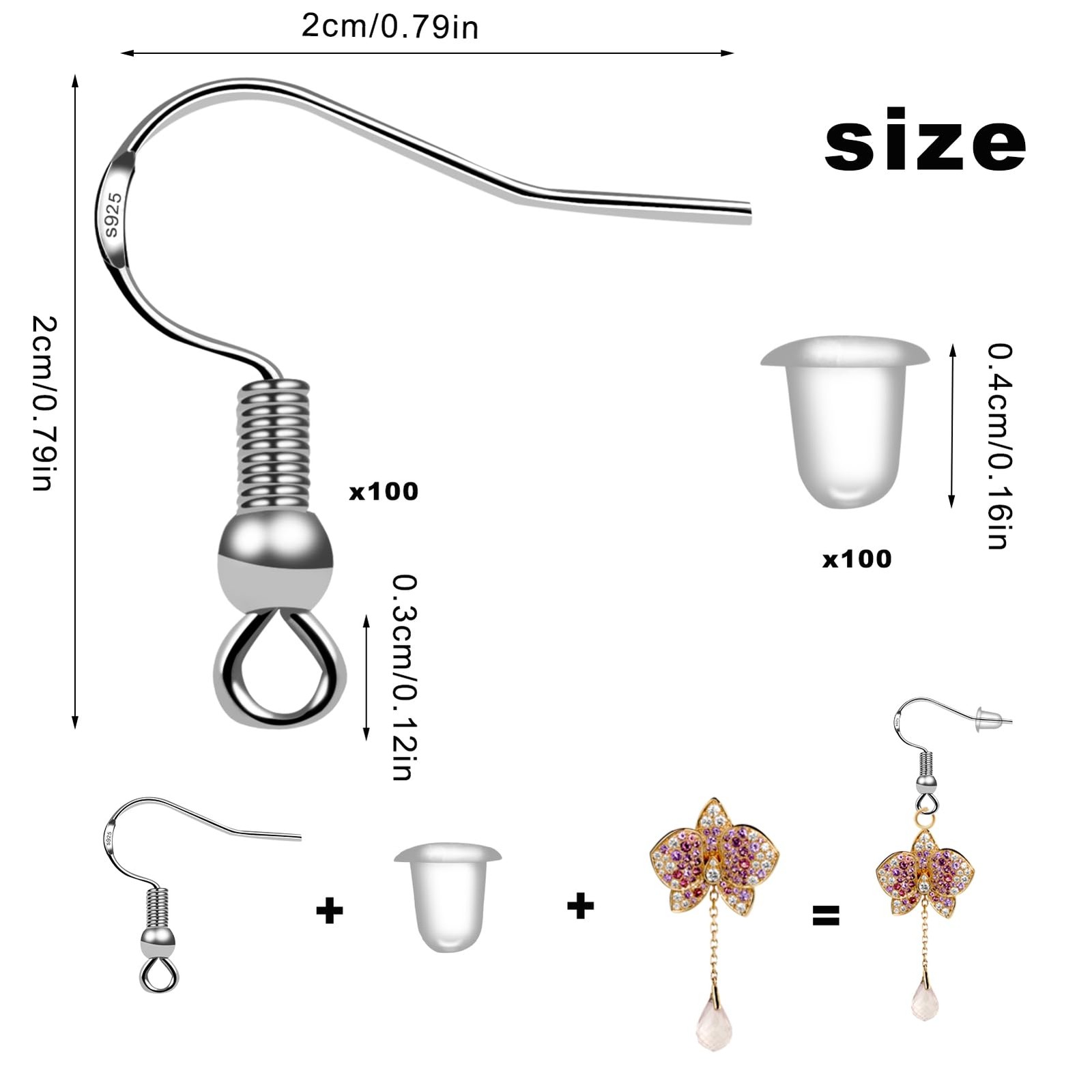 Sterling Silver Earring Hooks with Rubber Backs – 50 Pairs Hypoallergenic