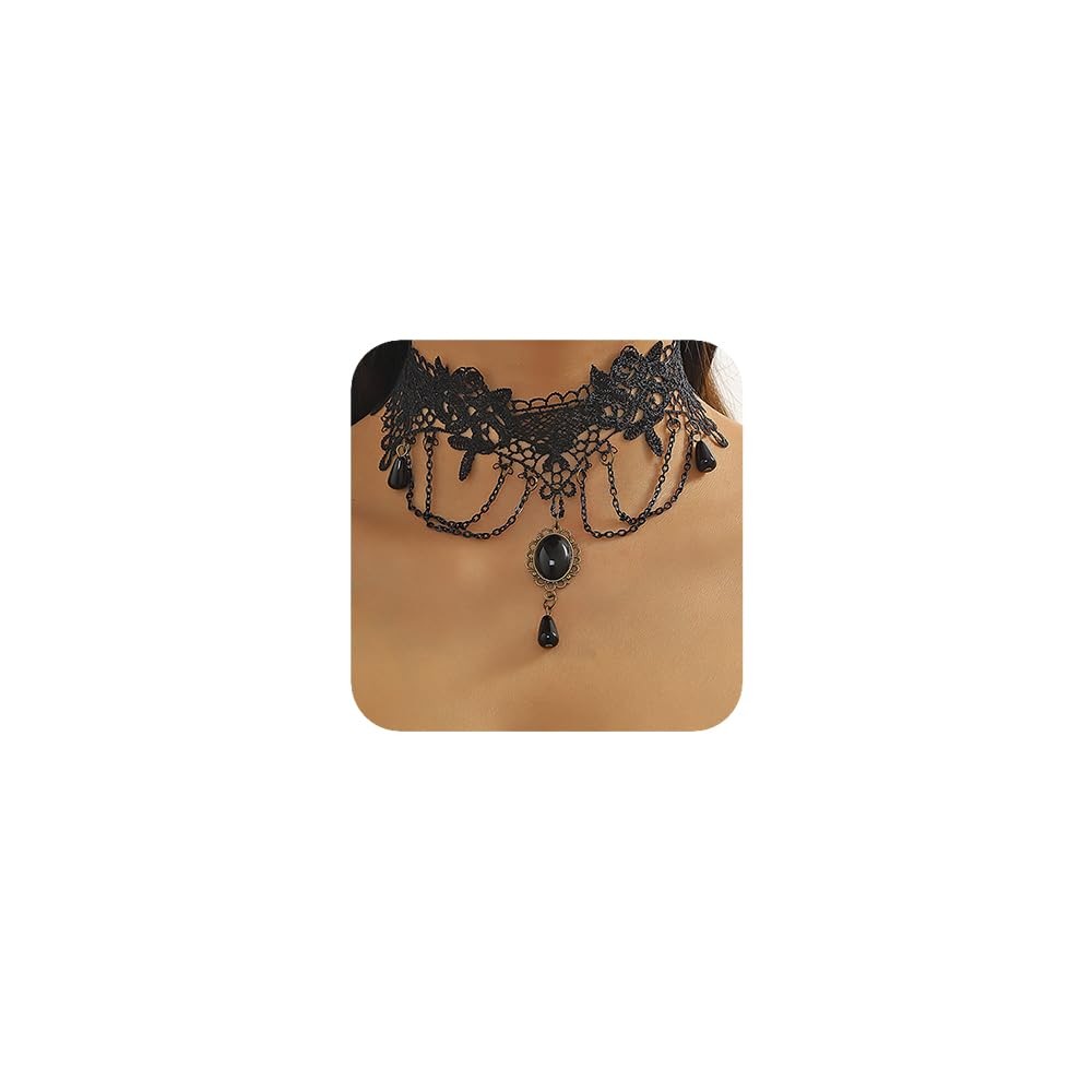 Women Black Halloween Tassels Lace Choker Necklace Boho Fashion Prom Shinny Punk