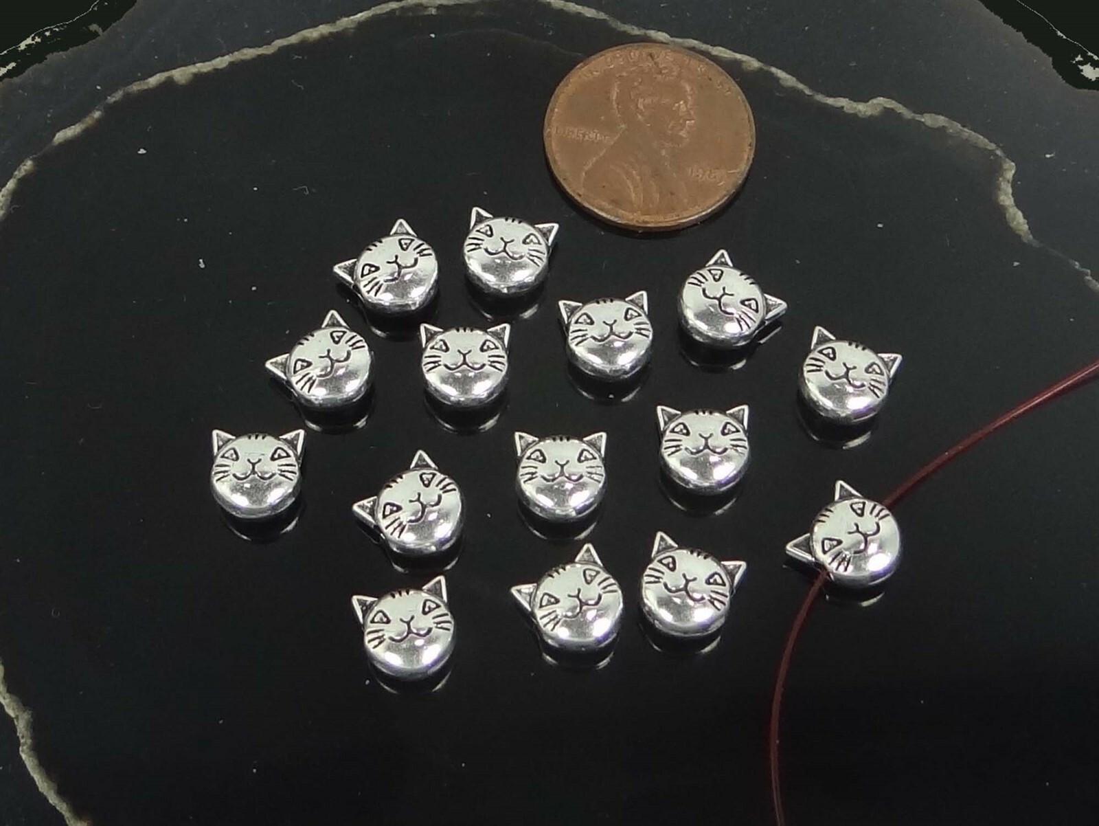 15 Antique Silver Pewter Cat Head Face Bead Kitty Pet Animal 2 sided 8mm