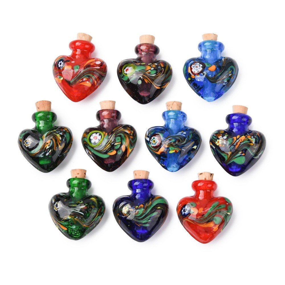 10x Lampwork Glass Love Heart Shape Perfume Charms Essential Oil Bottle Pendants