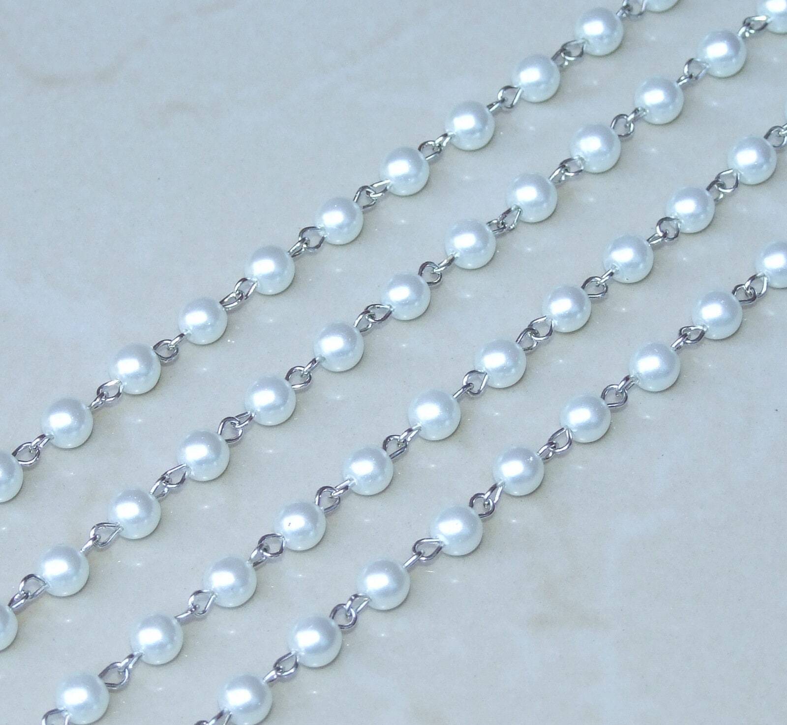 White Pearl Rosary Chain, Bulk Chain, 1 Meter, Glass Beads, Beaded Chain, Body