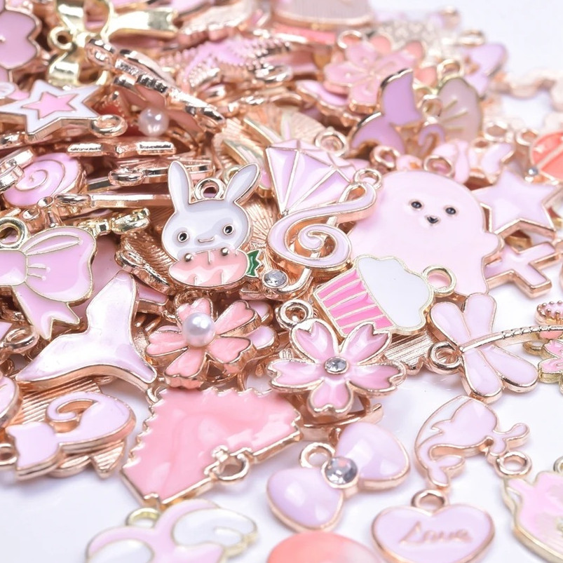 50pcs Pink Enamel Charms Mixed Animal Heart Flower Moon DIY Jewelry