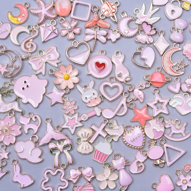 50pcs Pink Enamel Charms Mixed Animal Heart Flower Moon DIY Jewelry