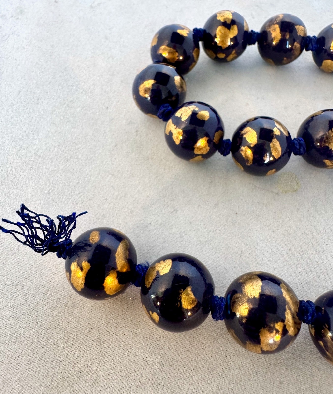 Vintage Royal Blue Hand Painted Chinese Porcelain Beads Hand knotted Blue Silk
