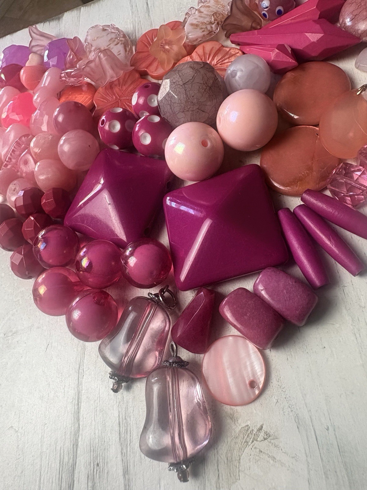 Glossy Frosted Glass Acrylic Beads Lot, Pink Purple, Heart Round Flower Loose