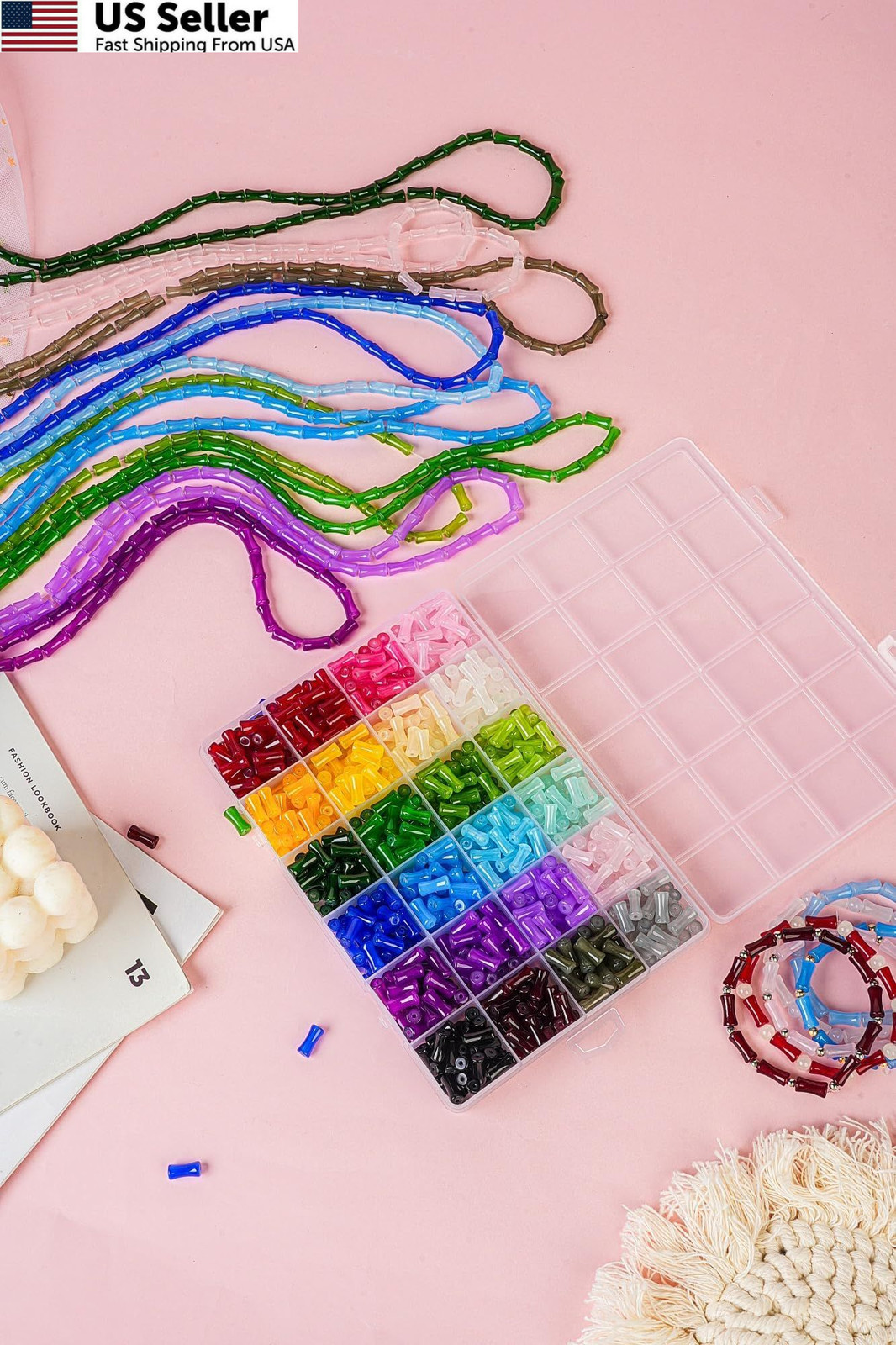 REVKI 6 * 12mm Glass Beads Bracelet Making Kit,600pcs 24 Colors Rice Style 1