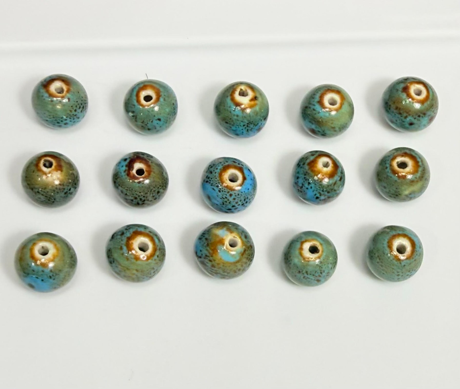 Ceramic Blue Green Brown 14 mm Round Beads (15 Beads)