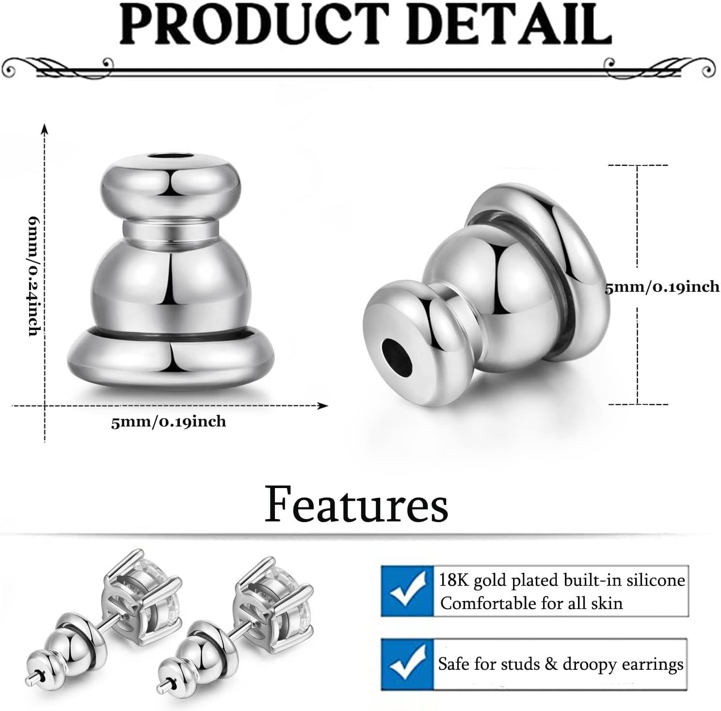 Locking Earring Backs for Studs, Hypoallergenic Silver Bullet 2 Pairs