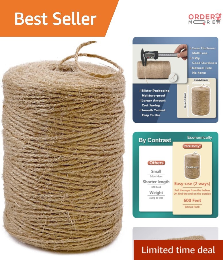 100% Natural Jute Twine String 2mm – 600 Feet Long for Arts, Crafts & Packaging