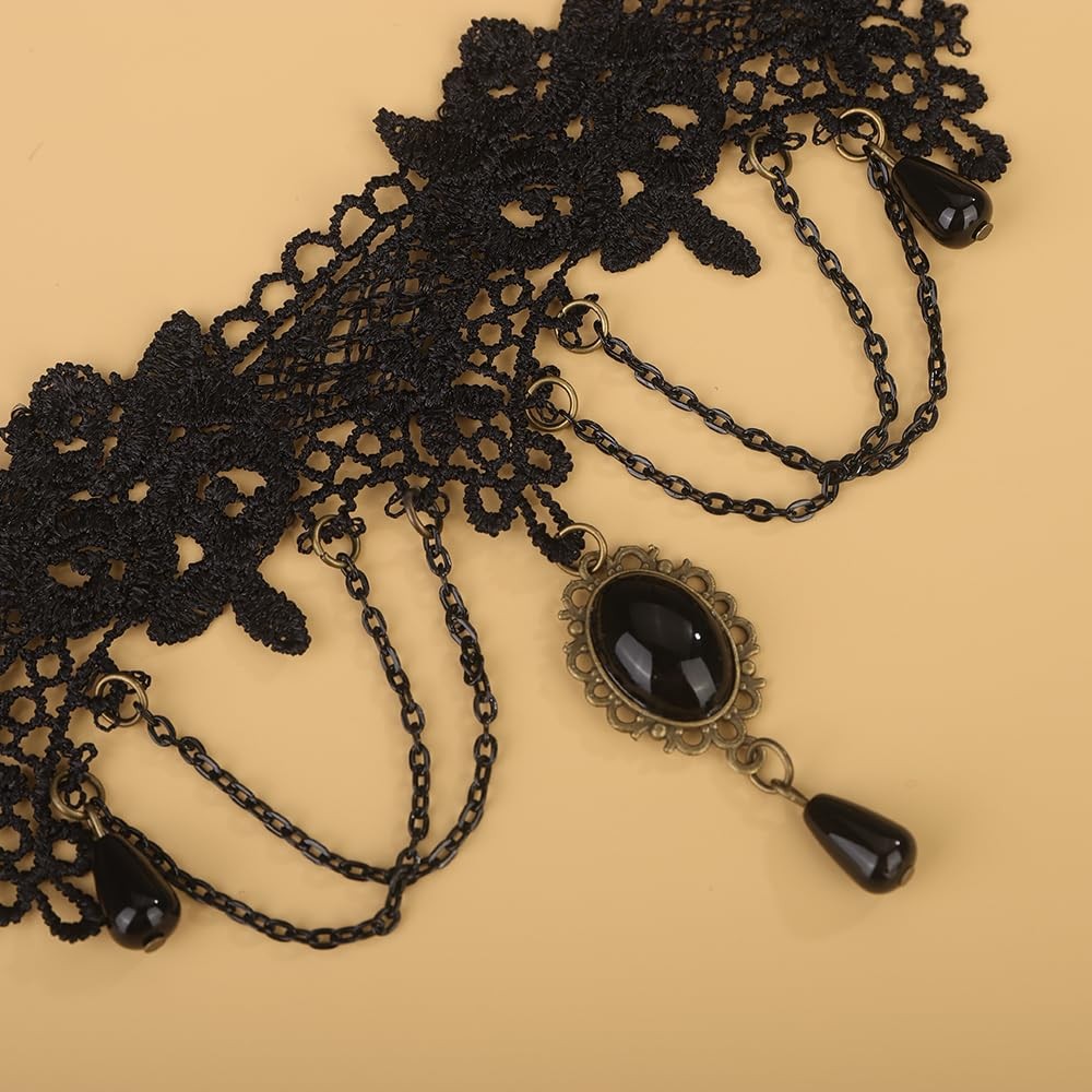 Women Black Halloween Tassels Lace Choker Necklace Boho Fashion Prom Shinny Punk