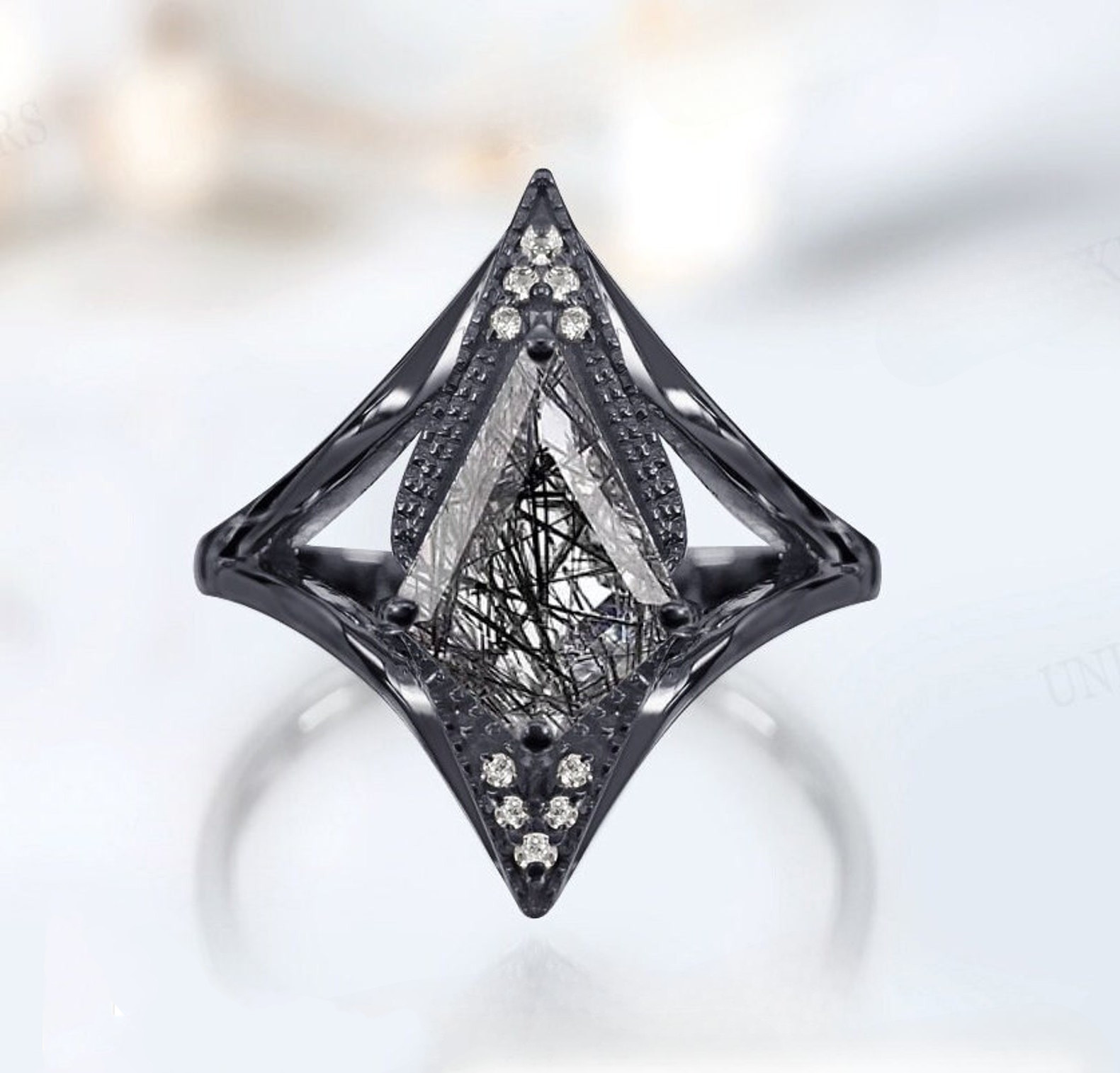 Black Geometric Ring Rutilated Quartz Art Deco Gothic Statement Jewelry