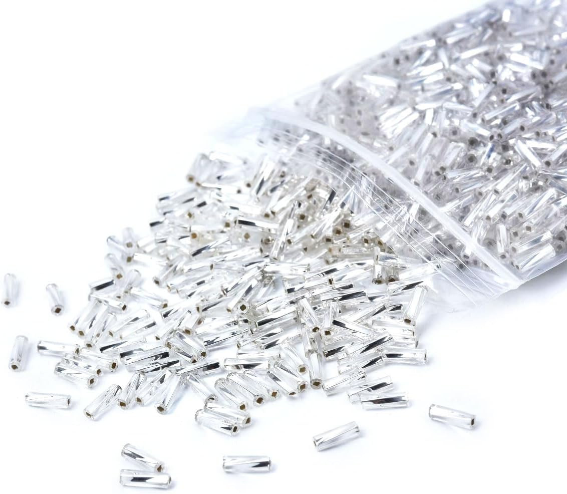 1050Pcs 2X7Mm Silver Glass Bugle Beads Tube Twisted Seed Beads for Earring Brace