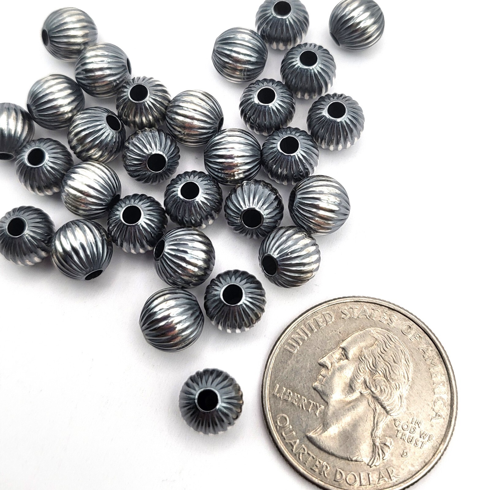 Lovely Round Navajo Pearl Real .925 Sterling Silver Corrugated Spacer Beads Ball