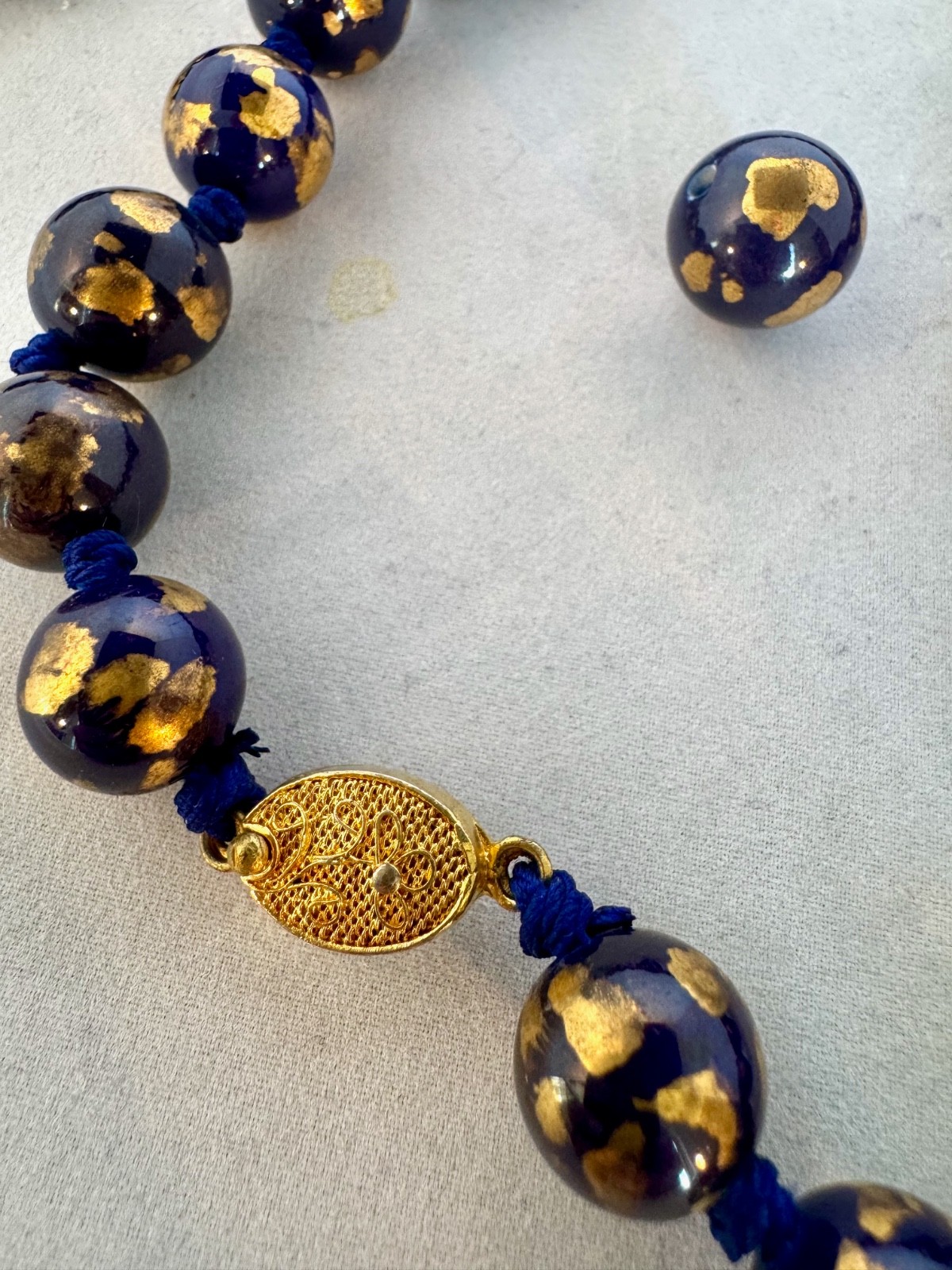 Vintage Royal Blue Hand Painted Chinese Porcelain Beads Hand knotted Blue Silk