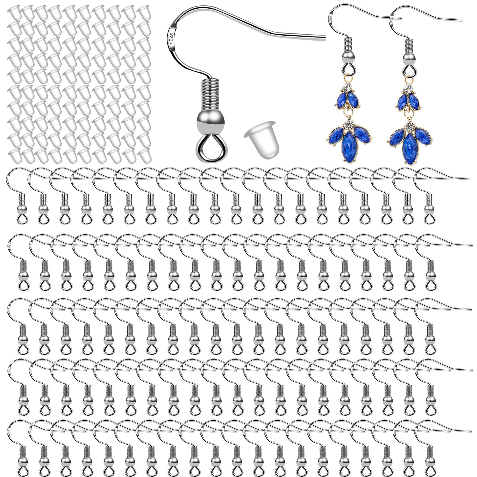 100 PCS 925 STERLING SILVER EARRING HOOKS SET RUBBER BACKS FISH HOOK FINDINGS