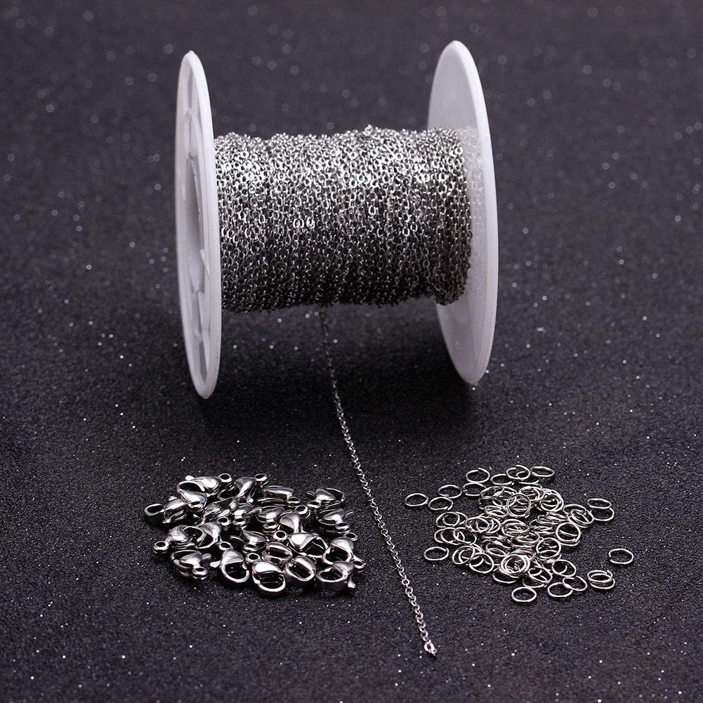 33 Feet Stainless Steel Flat Chain Width 1.0mm+20pcs Clasps+50 Rings, Silver